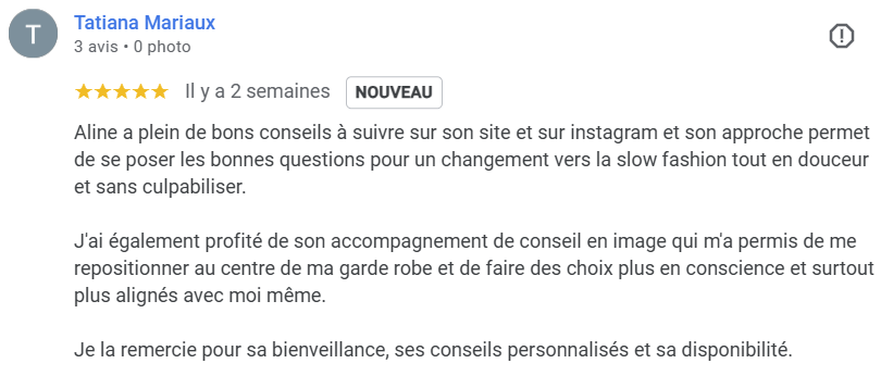 Il s'agit de l'avis de Tatiana qui a bénéficié de la prestation de conseil en image par Be chic be ethic